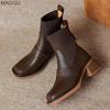 2026 Women's British Style Heeled Ankle Boots Brown Square Toe Stretch Sock Boots Chunky Mid Heel Retro Autumn Booties Size35-40