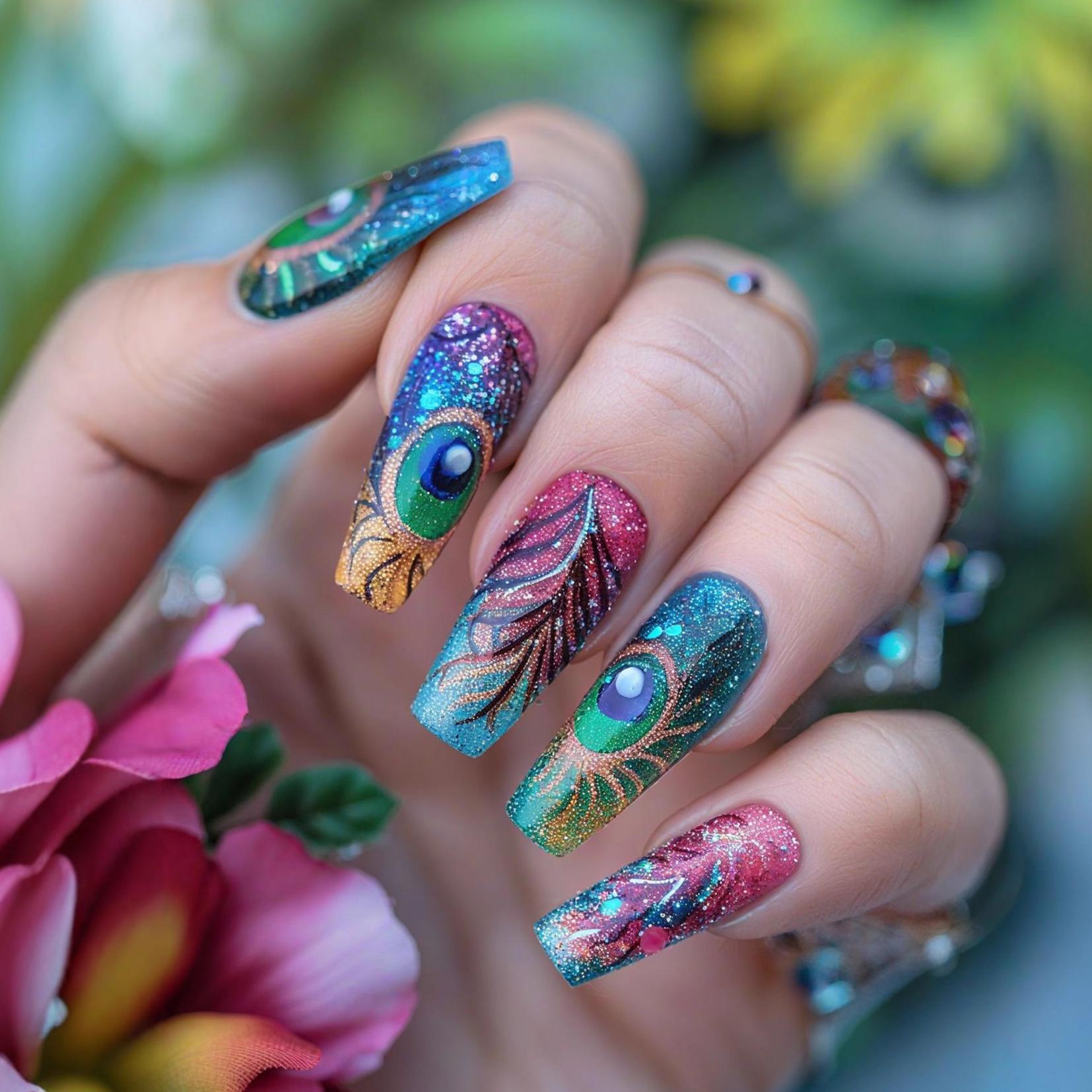 Набор носимых накладных ногтей для маникюра в стиле балета с красочным узором павлина