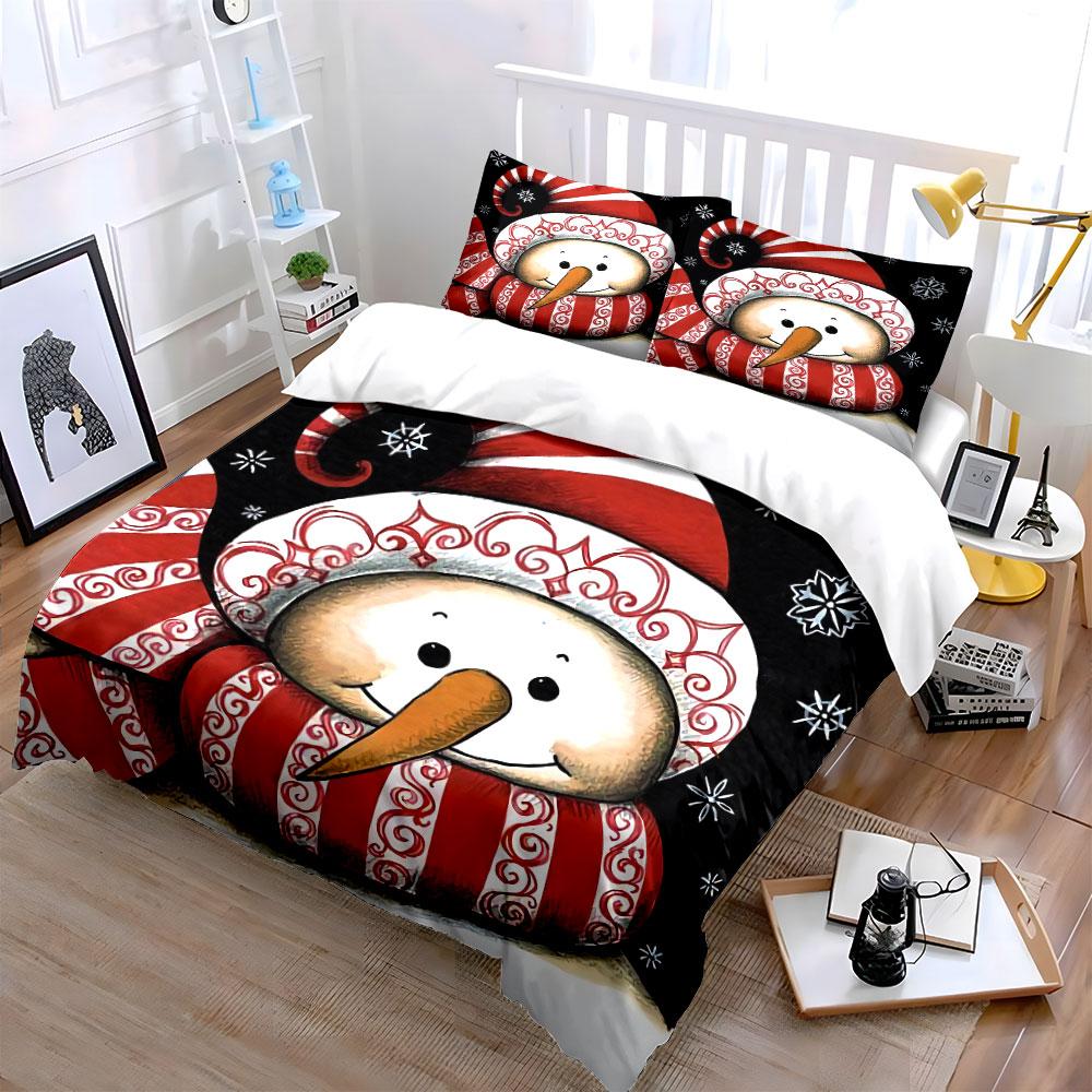 Christmas Snowman with Stripes Bedding Duvet Cover Set Duvet Cover Pillowcases (1*Duvet Cover 2*Pillowcases, without duvet insert)