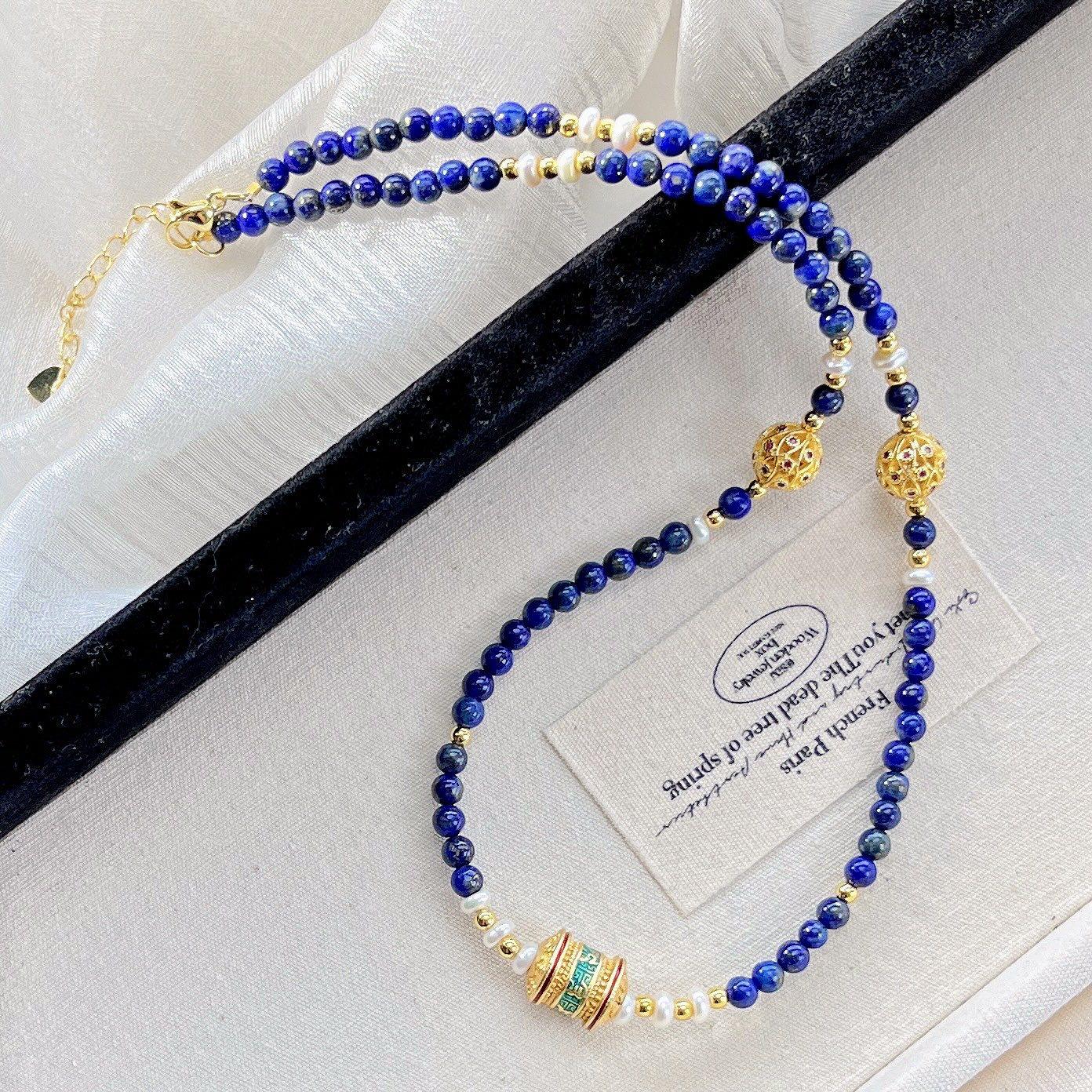 4Mm Retro Natural Lapis Lazuli Freshwater Pearl Collarbone Chain Necklace