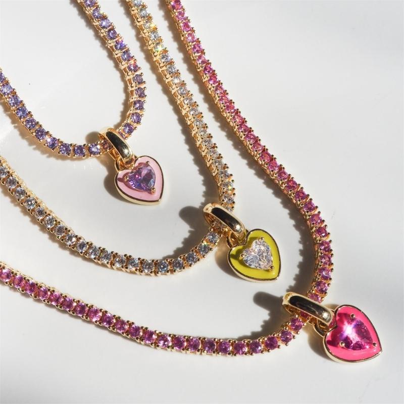 Colorful Zircon Heart Neckchain Tennis Chain Necklace for Women Fashionable Rhinestone Choker Versatile Jewelry Decor