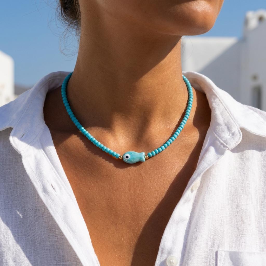 Bohemian Colorful Ceramic Fish Necklace for Women Handmade Rice Beads Choker Girls Summer Beach Vacation Party Jewelry Gift