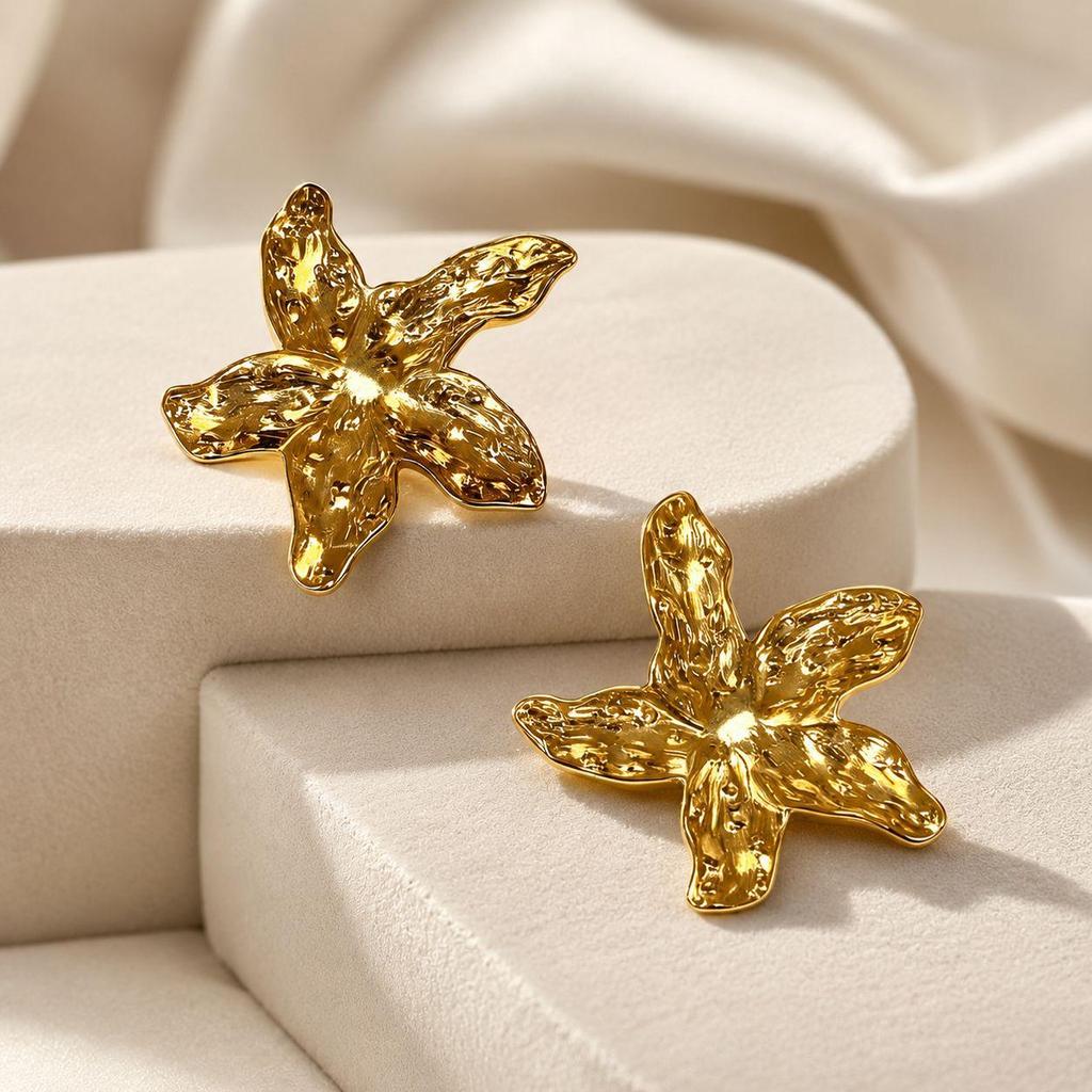 European Trend Gold Stainless Steel Five-Petal Flower Stud Earrings.