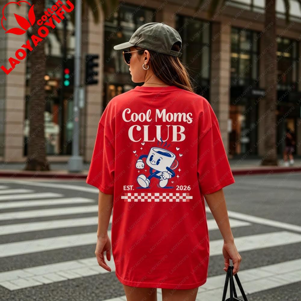 Cool Moms Club Est 2026 Graphic Shirt Retro Cartoon Coffee Print Tee Coffee Lover Gift Tops New Mom 2026 Casual Daily Outfit