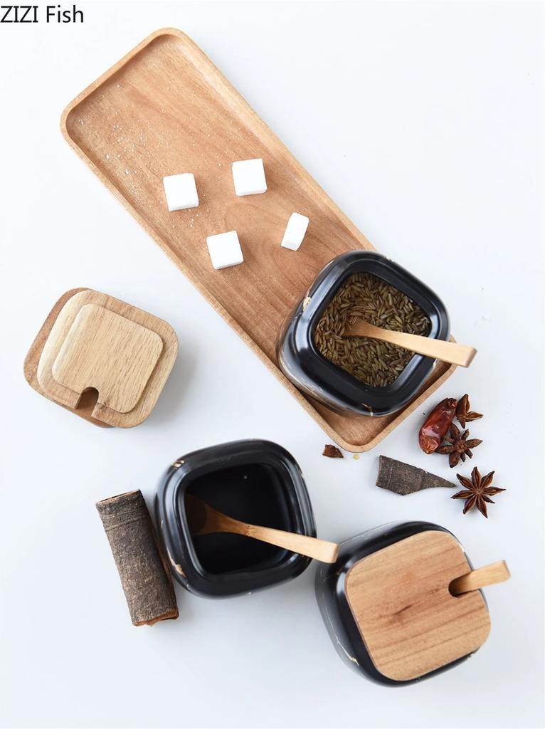 Matte Marble Pattern Ceramic Kitchen Spice Jar Oiler Set Wooden Cover Salt Shaker Spice Jar Kitchen Condiment Storage Rack Set