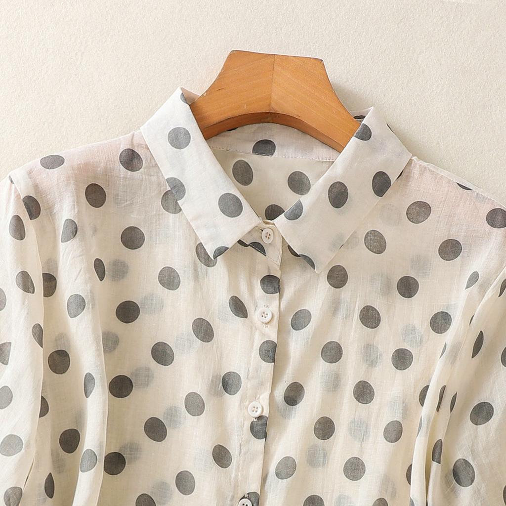 2025 lato nowa odzież damska wysokiej klasy kropki bawełna i len drukowana koszula z krótkim rękawem z klapami kardigan top damski