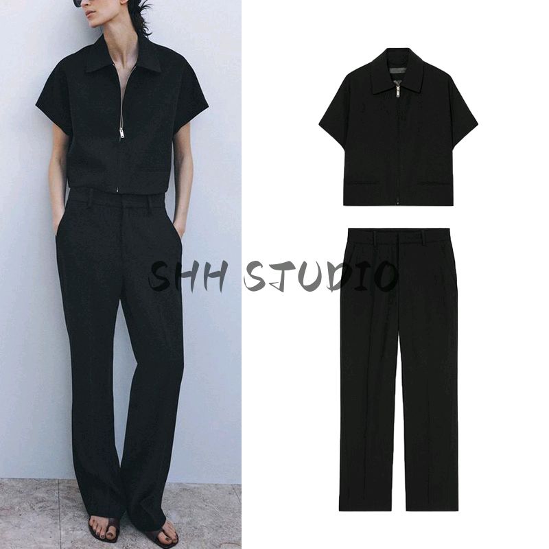 Women's Spring Clothing Lapel T-shirt Shory Style Outwear 8491053 Straight-leg Mid Waist Casual Pants 8491054