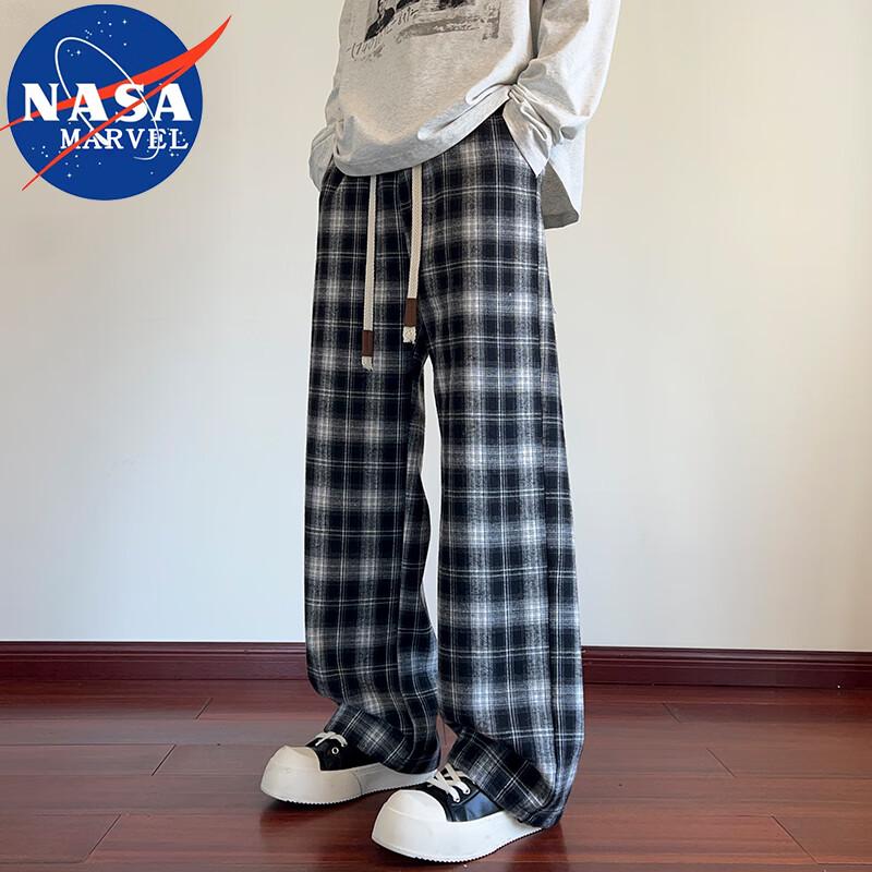 NASA MARVEL Men's Plaid Straight-Leg Drawstring Casual Pants