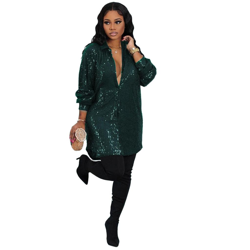Stylish European & American Sequin Shirt Dress