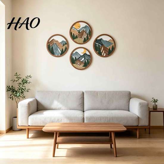 Rustic Wall Art 4Pcs Wooden Boho Mountain Art, 2D Flat Abstract Landscape Decor, Geometric Forest Hanging Office Decoration Sign, Natural Artwork, Sun