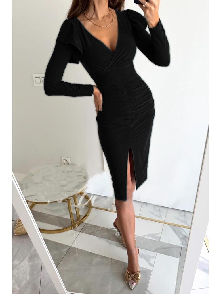 V-Neck Waist-Cinching Slit Solid Color Long Sleeve Dress