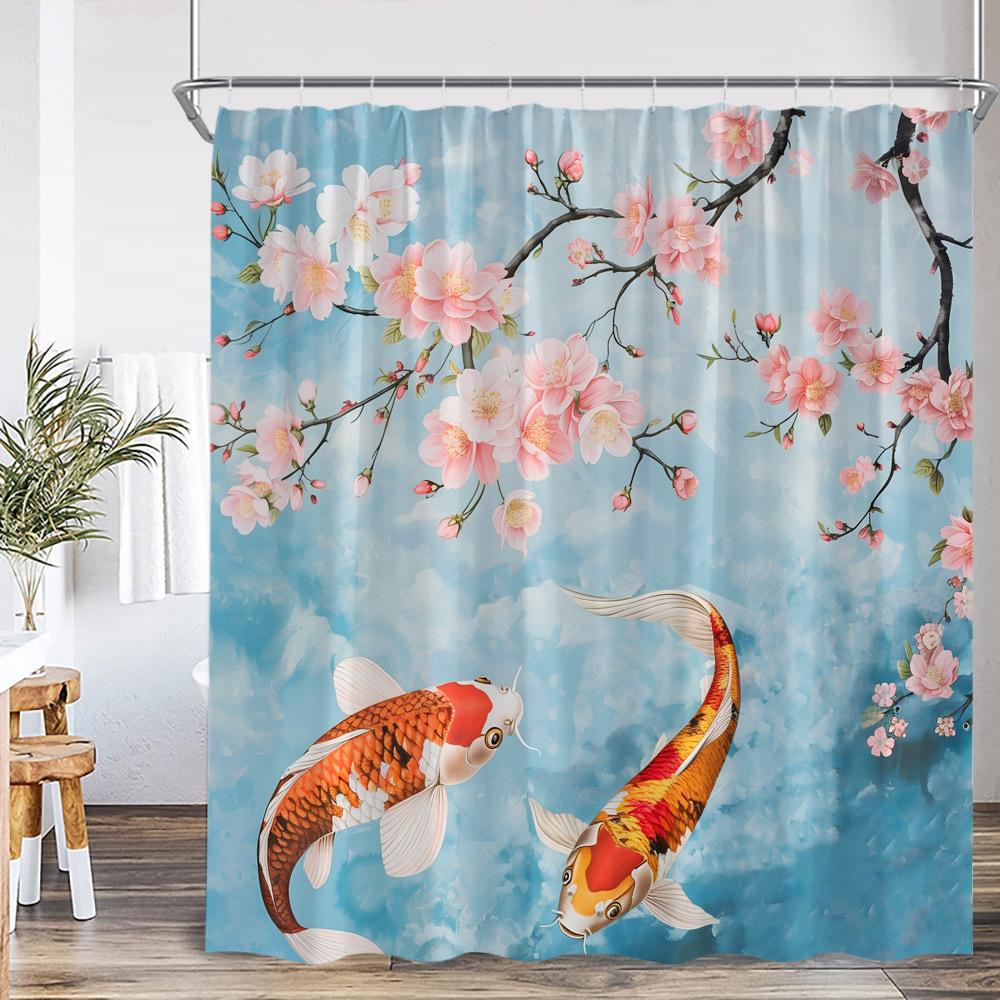 

Koi Japanese Shower Curtain Carp In Pond Pink Cherry Blossom Lotus Bathroom Decor Nature Polyester Bathtub Curtain With Hooks W60H190(CM)-1 Pcs