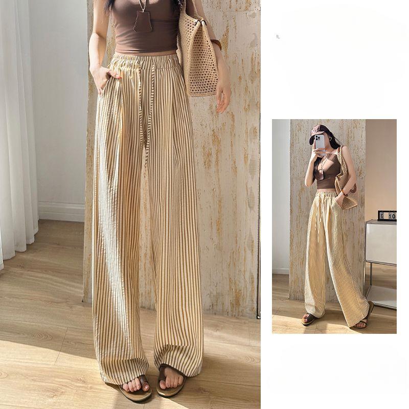 

Брюки из ледяного шелка с пузырчатой полоской, узкая версия, с широкими штанинами, для лета, с высокой талией, стройнящие, с прямыми штанинами, повседневные женские брюки, тонкие 2XL