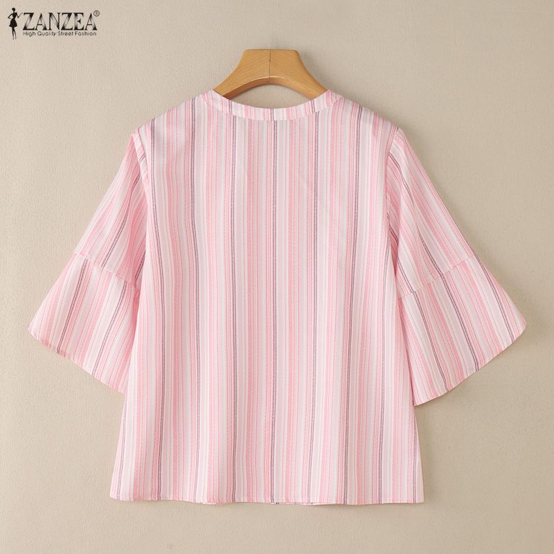 ZANZEA Damska luźna bluzka w paski z dekoltem w serek i rękawami 3/4
