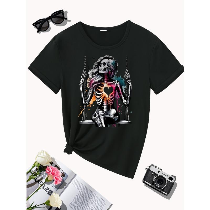 European size Women's Skeleton Heart Swing Graphic Print T-Shirt