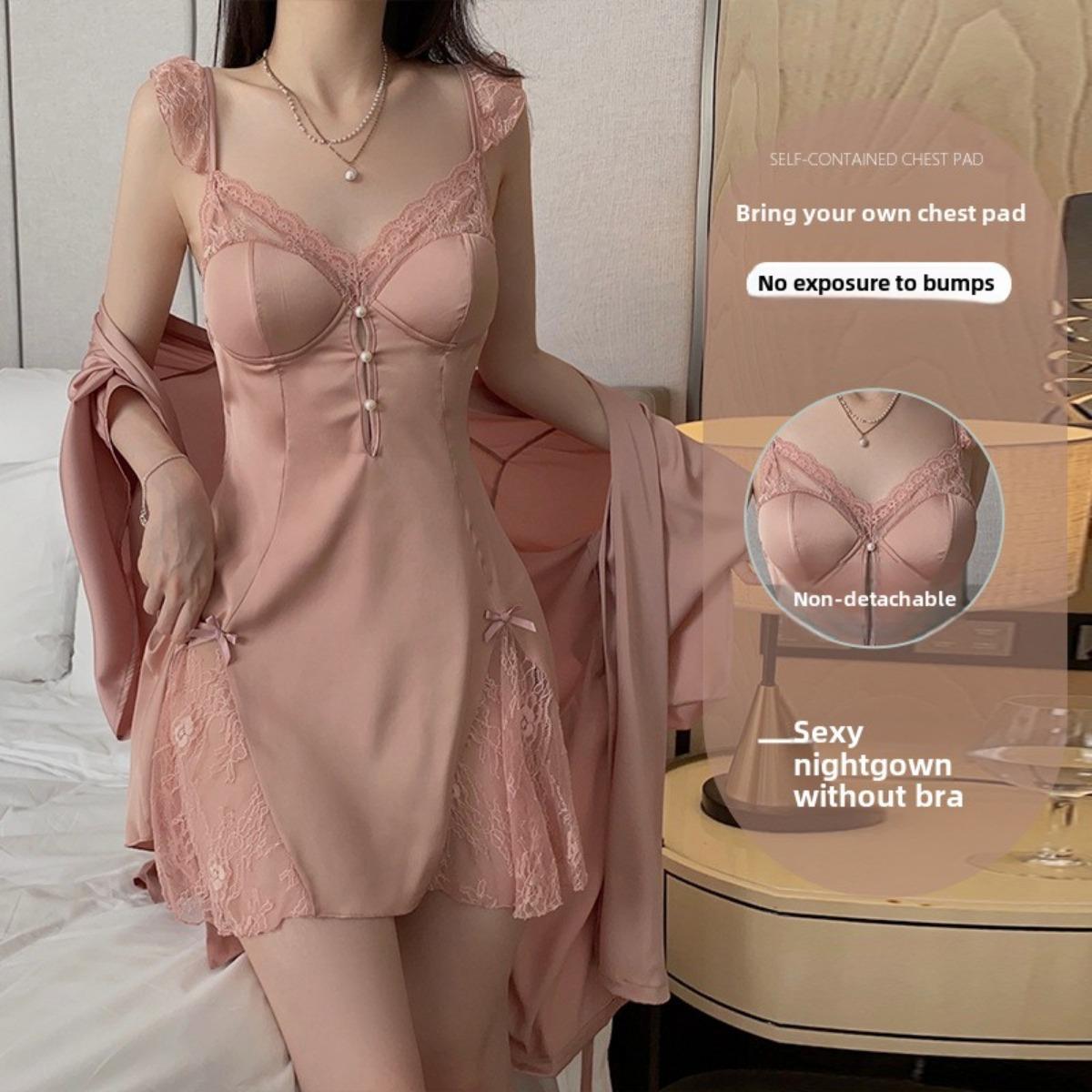

Satin Splicing Lace Perspective Sexy Deep V Plus Chest Pad Suspender Nightdress Robe Home Set one size