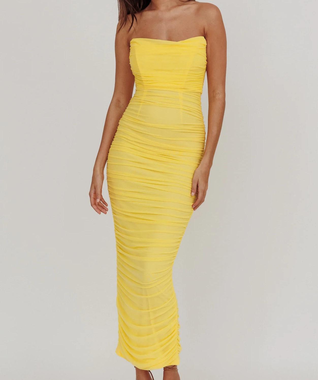 European and American cross-border new yellow tube top pleated waist long dress Spice Girl style sexy mesh fishbone hip dress S жёлтый