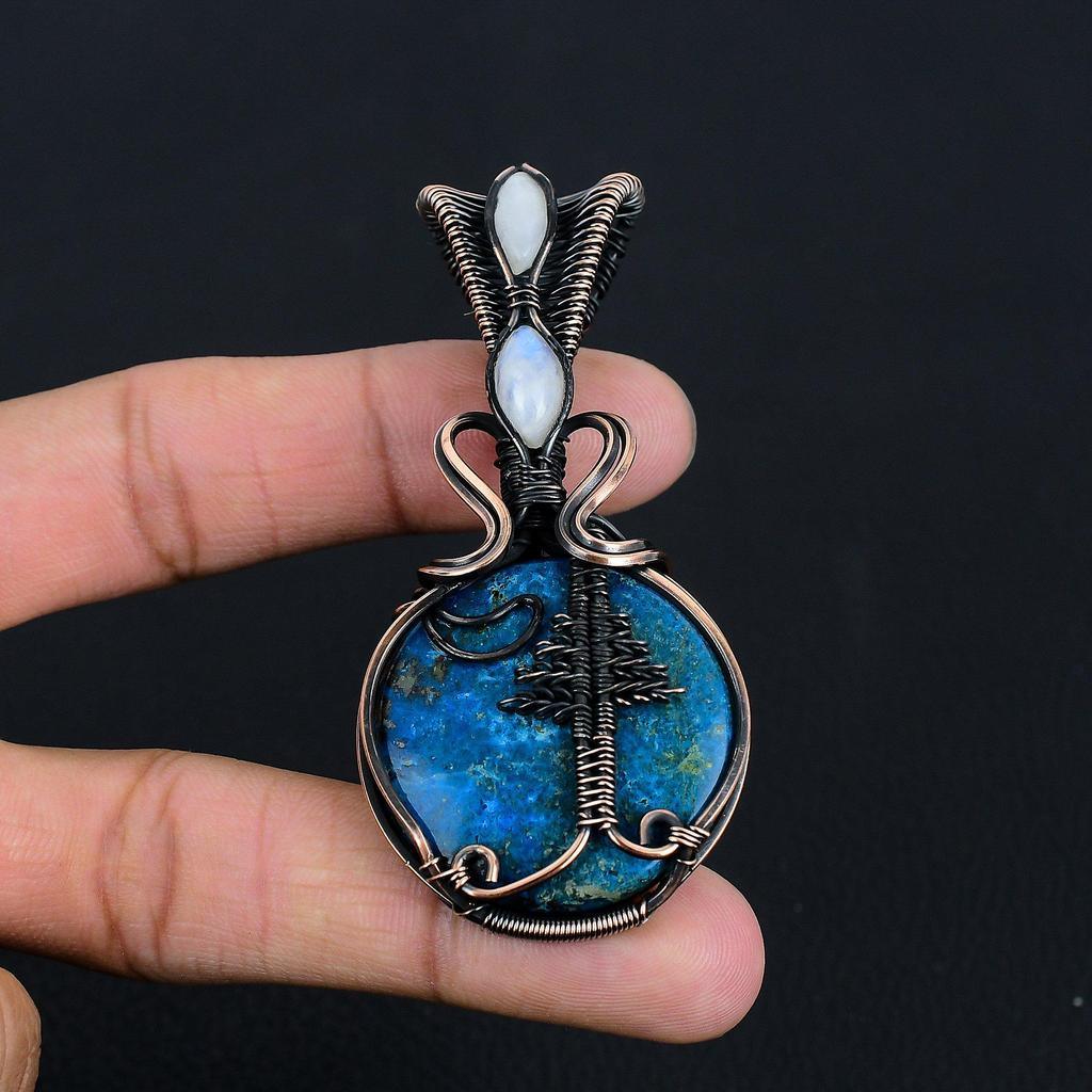 Neon Blue Apatite Gemstone Pendant 999 Copper Wire Wrapped Jewelry, Handmade Antique Pendant Jewelry, Gift For Mother