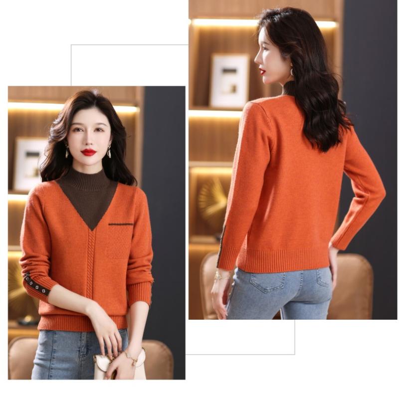 Women Vintage Splicing Panelled Sweaters Autumn Winter Fashion Mock Neck Long Sleeve Casual Slim Knitted Pullovers