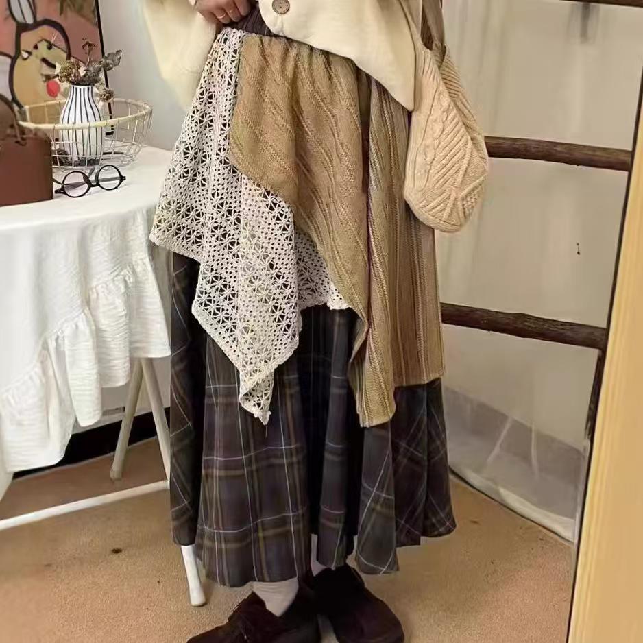 Retro Japanese Ethnic High-Waisted Slim Long Skirt for Women - Autumn/Winter Spliced Design