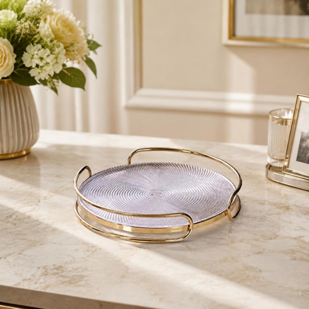 Glass Tray with Metal Frame Tone Round Handles Decorative for Home Stylists, Hosts, Coffee