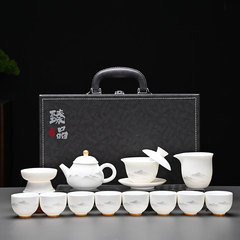 Kung Fu Mutton Fat Jade Gaiwan Teapot Set - Gold-Painted Luxury Tea Set