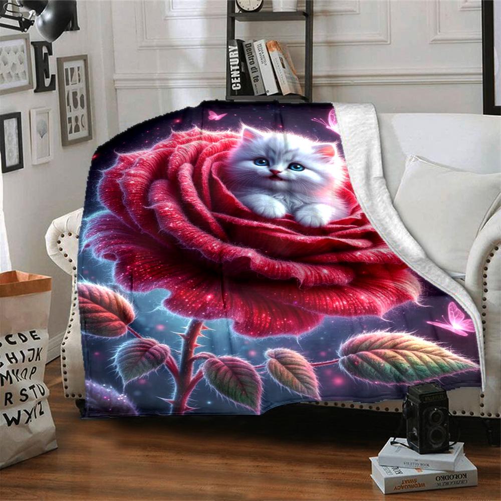 Cute Kitten In Glowing Red Rose Starry Sky Print Flannel Fleece Blanket Fantasy Floral Animal Soft Warm Throw Blanket Sofa Bedroom Home Decor Gift