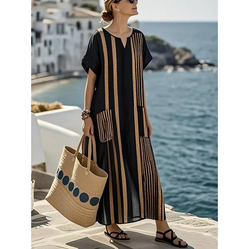 3D digital printing V-neck five-quarter sleeve long pocket Kaftan dress
