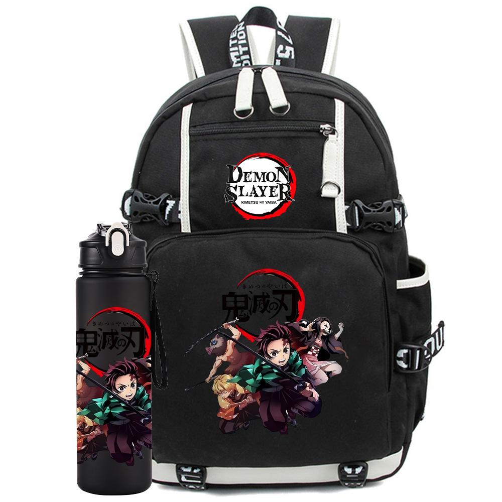 2Pcs/set Anime Demon Slayer Printed Backpack with 750Ml Water Bottler for Teenager Student Girl Boy Large Capacity Waterproof Bookbag Gift