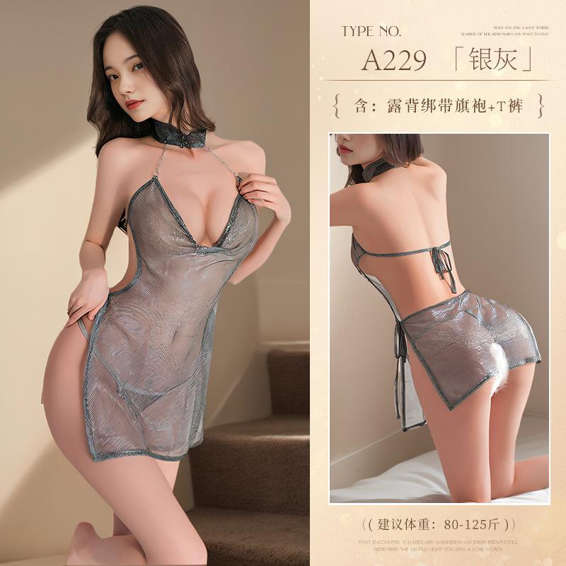 Glitter tulle deep V straps backless cheongsam sex underwear sexy uniform nightclub passion perspective seduction suit