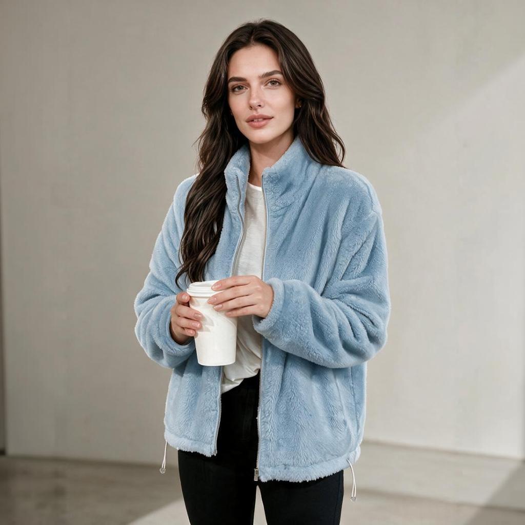 Women's Color Stand Collar Double-Sided Plush Jacket with Hem
