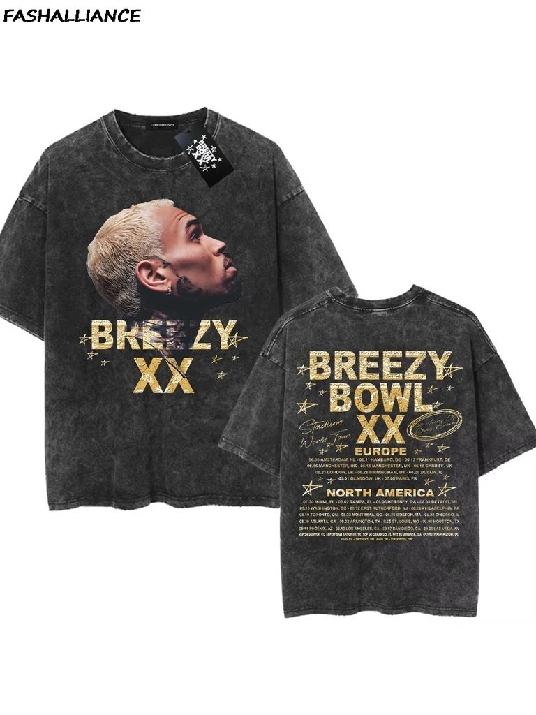 Chris Brown Tag Tshirt Breezy Bowl XX Tour Oversized T shirt Washed Vintage Cotton Hiphop Streetwear CB