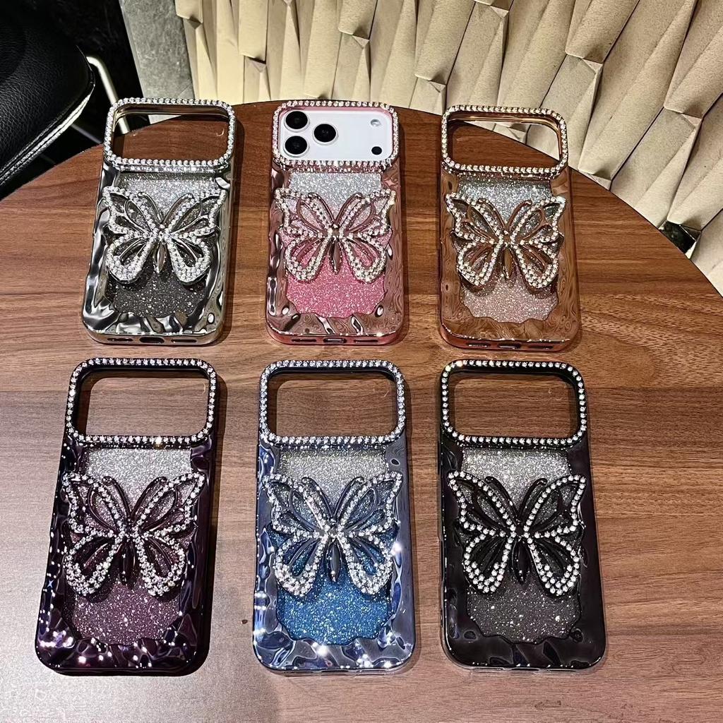Light luxury flash diamond butterfly suitable for Apple 17ProMax mobile phone case iPhone16 electroplating 15 diamond 14 protective case