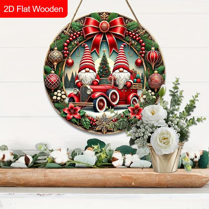 Wooden Christmas Sign with Gnome Pattern - Navidad Round Sign for Christmas Tree, Balcony, Decor - Ideal Christmas Gift