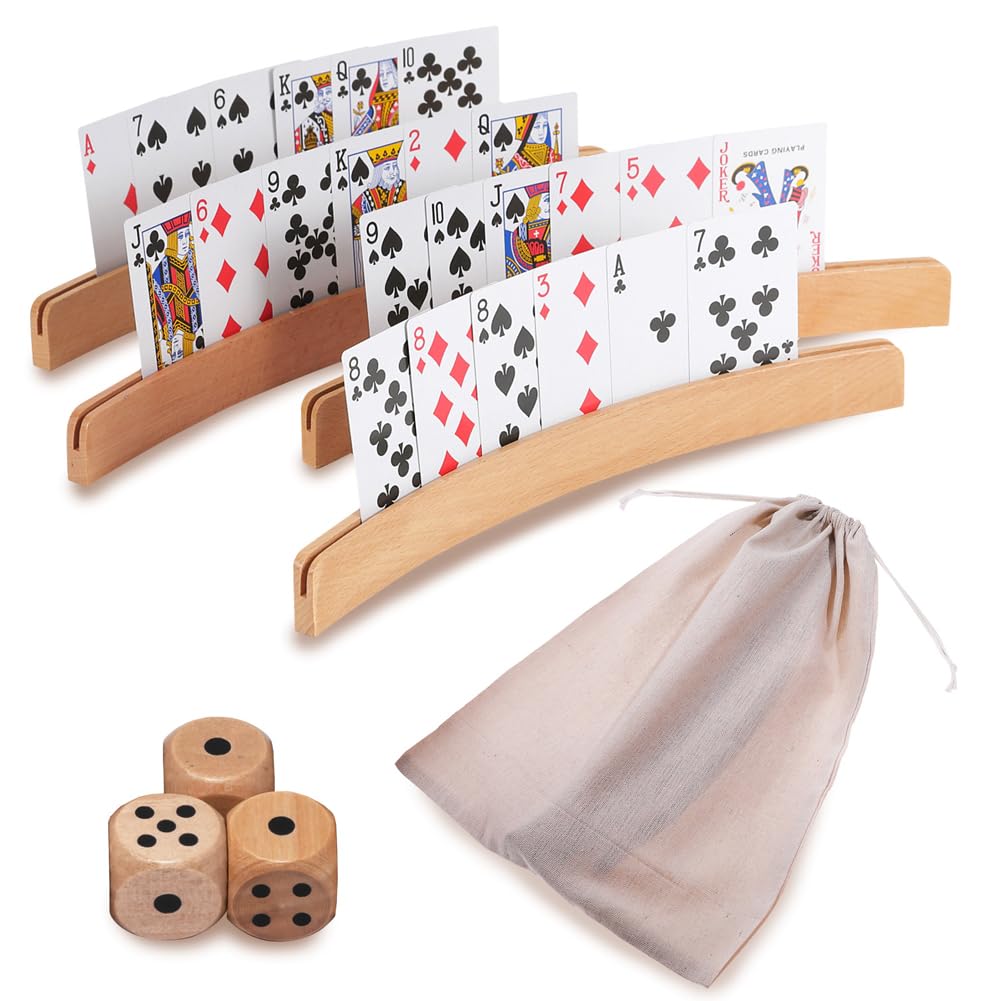 Lack labo Wooden Card Stand, Card Holder, Curved Playing Cards, Set of 4, Dice, Storage Bag Included *Playing Cards Not Included