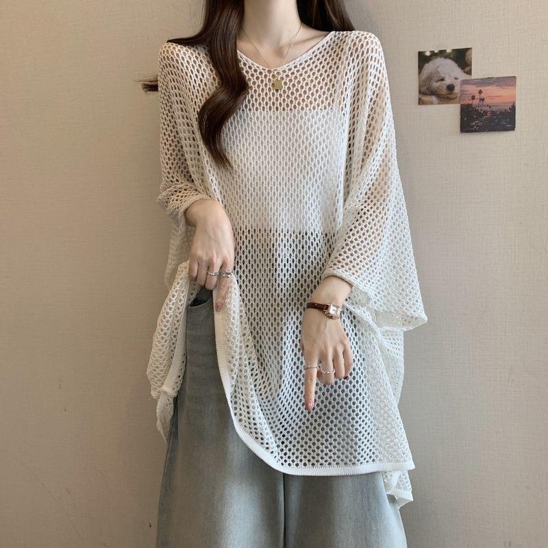 2026 New Hollow-out Knit Cover-up Air-conditioning Shirt Women Lazy Style Mid-length Loose Knit Top Beach Sun Protection Shawl For Spring Summer