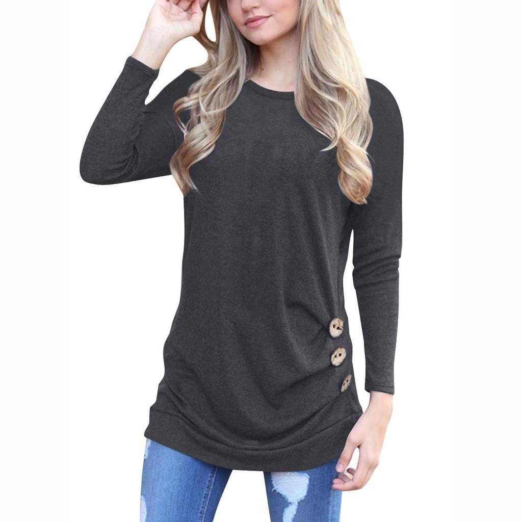 Stylish Long-sleeve Button Detail T-shirt For Women In Various Colors And Sizes