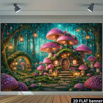 2D Flat Printing Dreamy Mushroom Cottage In Enchanted Forest Backdrop