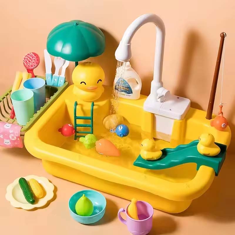 

New Kids Yellow Baby Duck Kitchen Sink Toys Electric Dishwasher Set Pretend Play Running Water Food Fishing Role Play Gift Girls