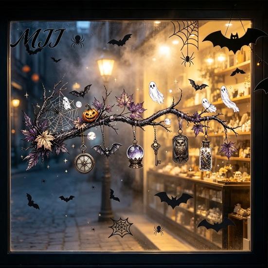 Horror Themed Window Accents 2 Sheets Halloween Stickers, Bat Spider Web Static Cling Decals, Indoor Outdoor Holiday Supplies Ghost Pumpkin Waterproof