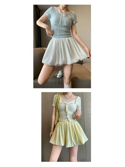 Red Petite Puffy Short Skirt: Spring/Summer Floral Puff Skirt with Pumpkin Pants Style