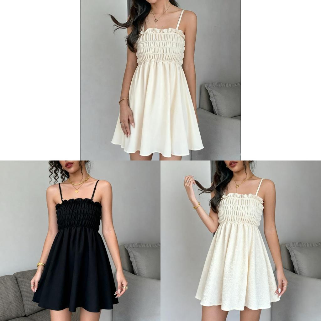 Vintage French Elegant Polyester Slip Dress With Ruffle Detailing For Women