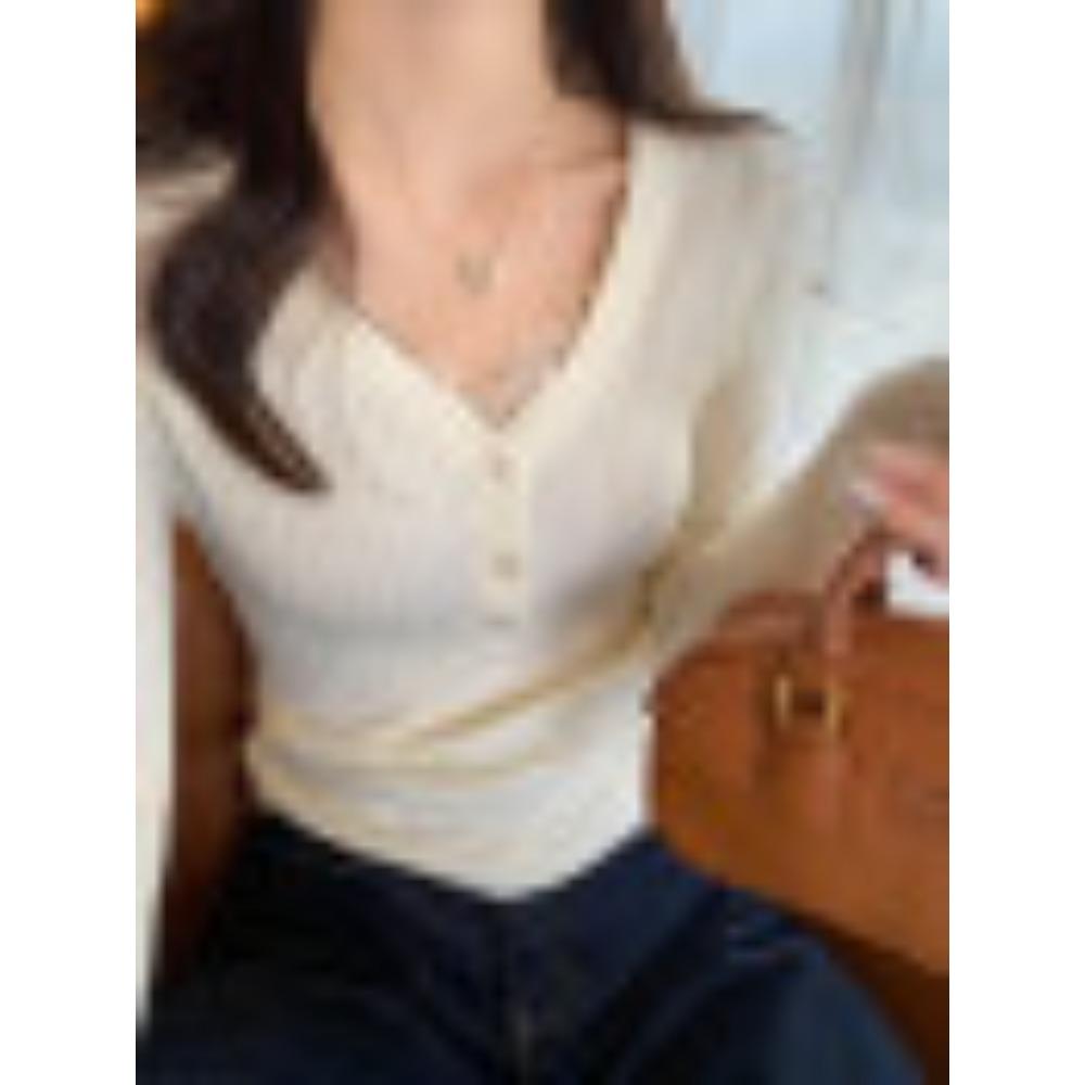 V-neck Sweater for Women's Early Autumn New Design Style Lace Knitted Base Layer, Slimming Long-sleeved Top