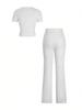 Spring 2025 Women's Solid Color Two-Piece Set: Casual Short Sleeve Top and Long Pants