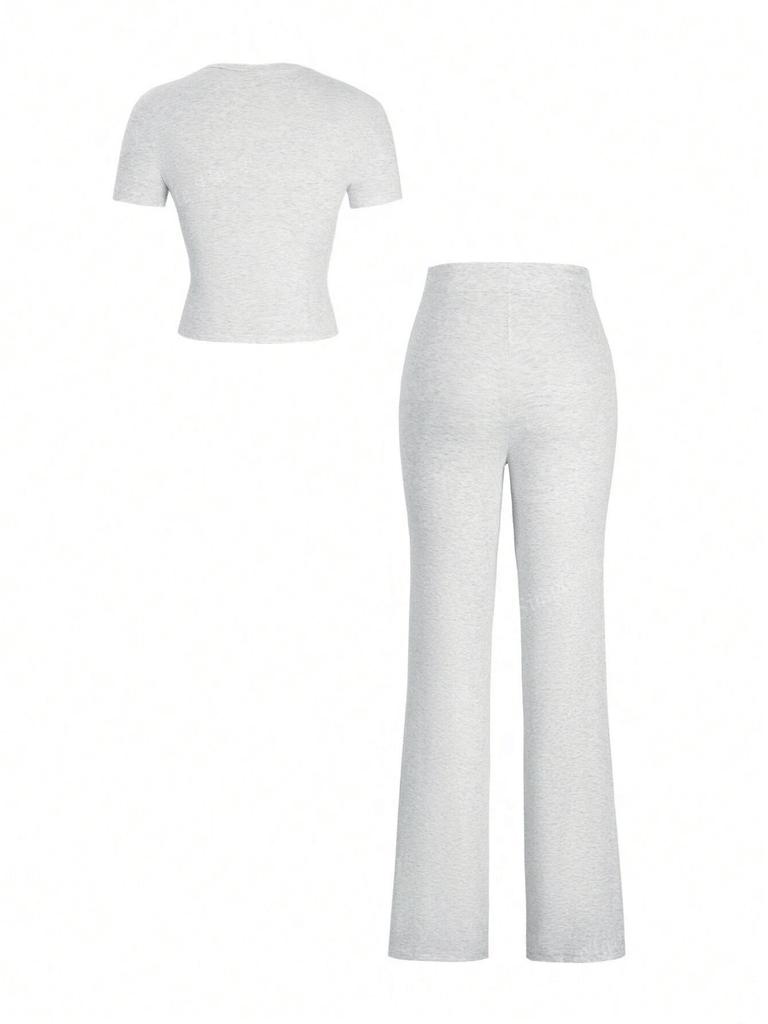 Spring 2025 Women's Solid Color Two-Piece Set: Casual Short Sleeve Top and Long Pants