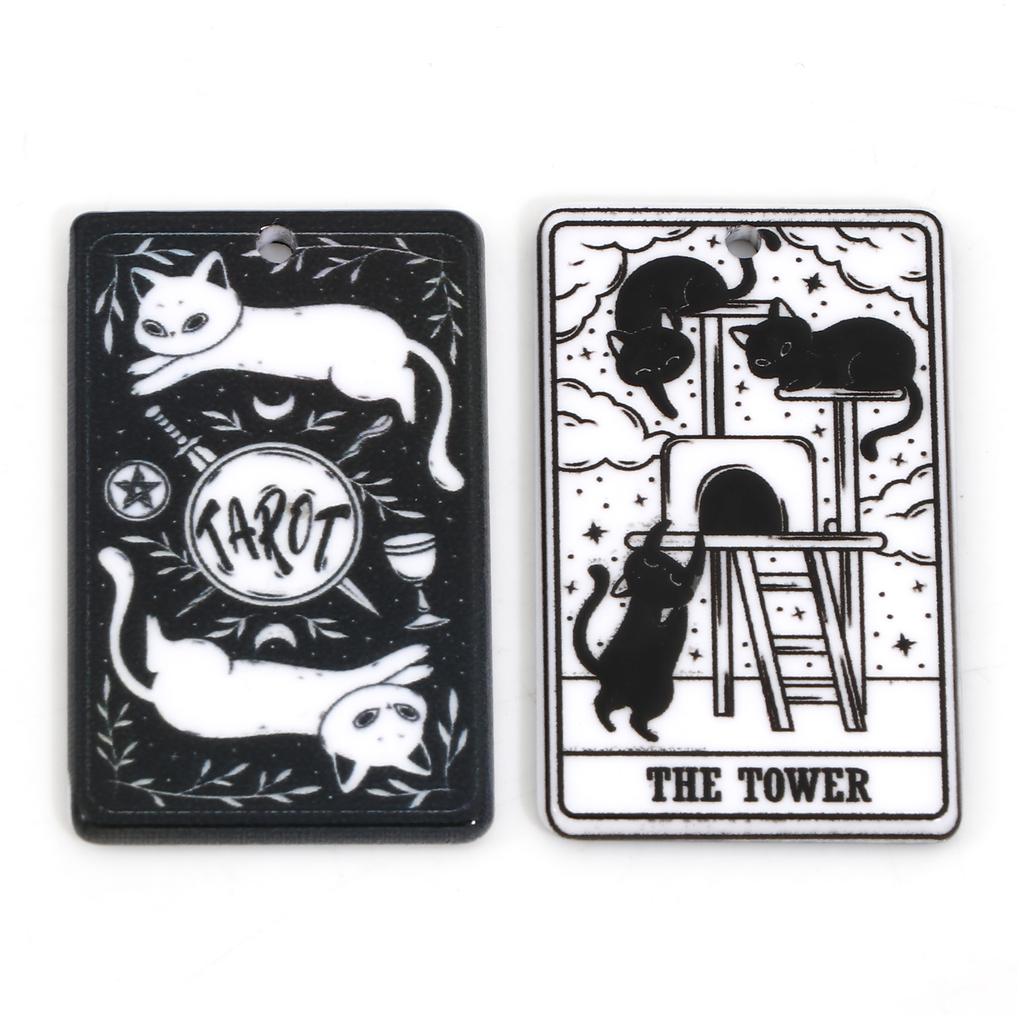 5PCs Black White Acrylic Tarot Pendants Rectangle Cat Double-sided Charms For DIY Earrings Necklace Jewelry Making 3.8cm X 2.3cm