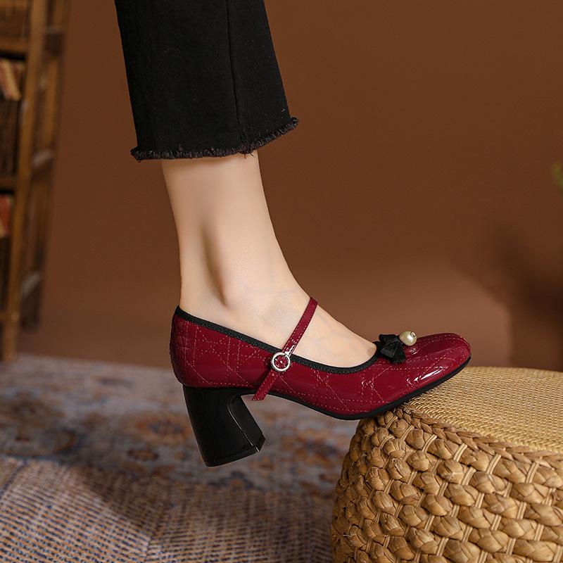 Pantofi Mary Jane cu toc înalt Design de nișă Pantofi de damă Fundă în formă de diamant Pantofi cu toc înalt Pantofi cu vârf rotund Pantofi cu toc gros