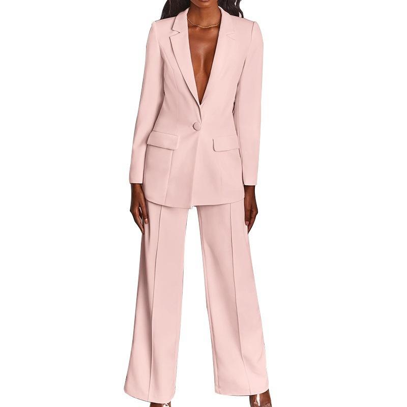 women s Solid Color Notched Lapel Single Button Long Sleeve Blazer Wide Leg Pant Elegant Formal Two Piece Pant Suit S розовый