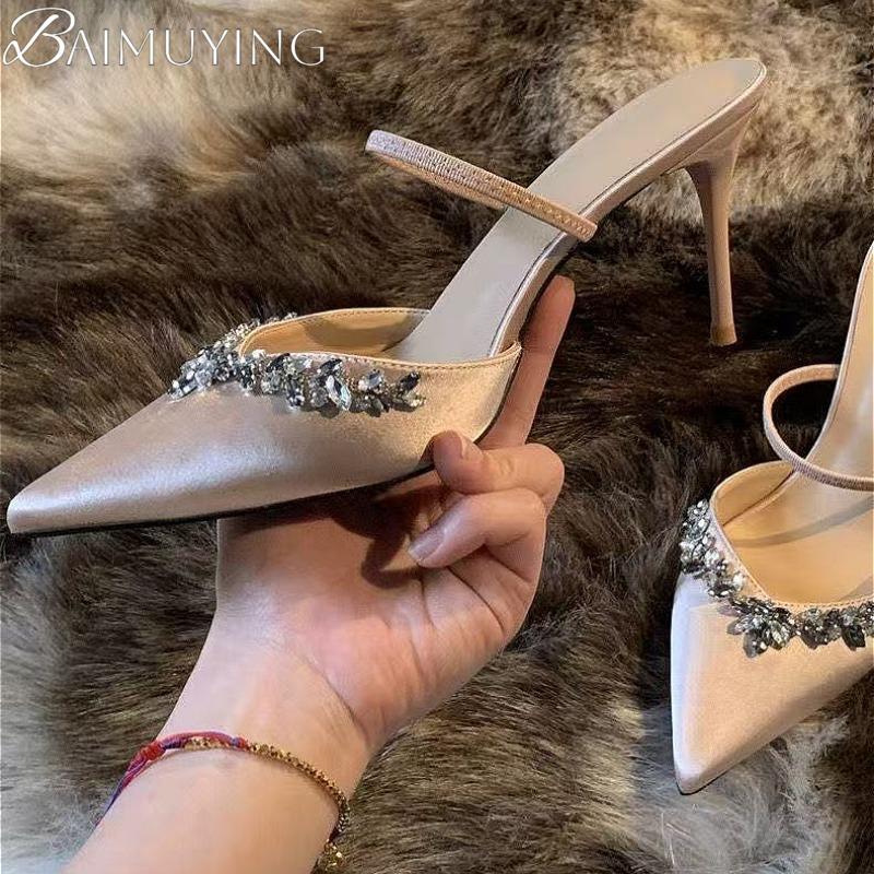 Crystal High Heels Slippers Women Sandals Pointed Toe Mules Shoes Summer 2025 Luxury Party Pumps Dress Sexy Stiletto Mary Jane