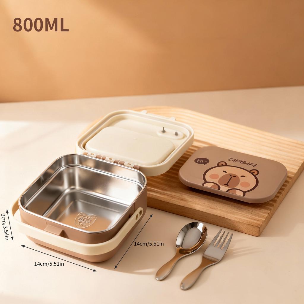 304 Stainless Steel Handheld Lunch Container Leak-proof Cartoon Square Children's Bento Lunch Box With Fork Spoon Microwave Safe